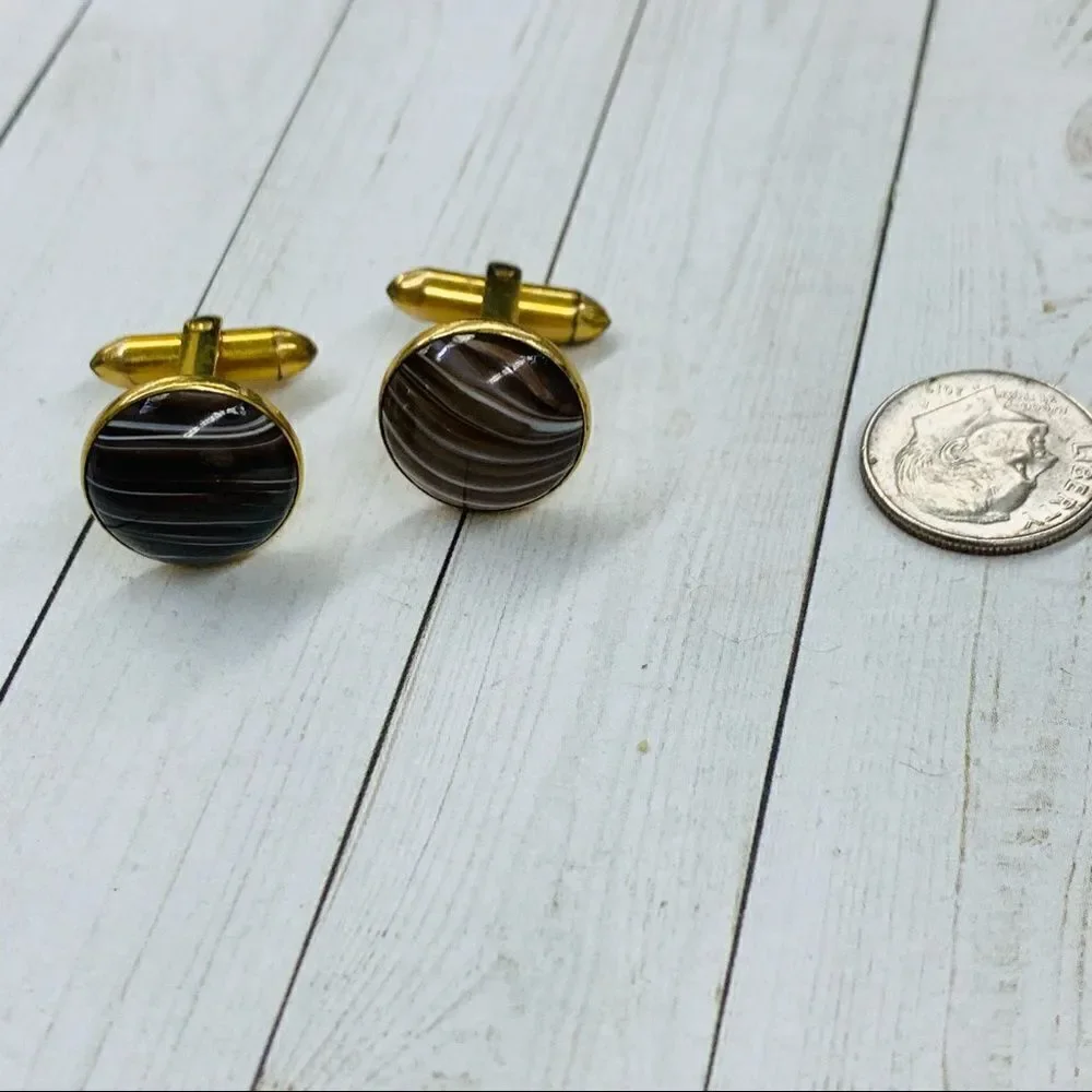 Hicock Brown White Stripe Glass Gold Cufflinks‎
